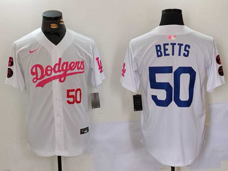 Men%27s Los Angeles Dodgers #50 Mookie Betts White Pink Vin & Kobe Patch Stitched Baseball Jersey->los angeles dodgers->MLB Jersey